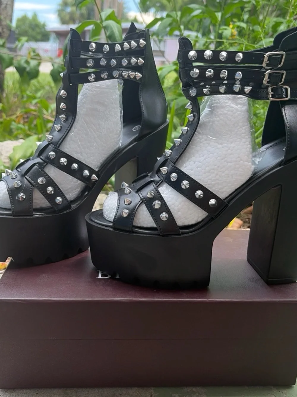 Black Spiked Platform Sandals - Women